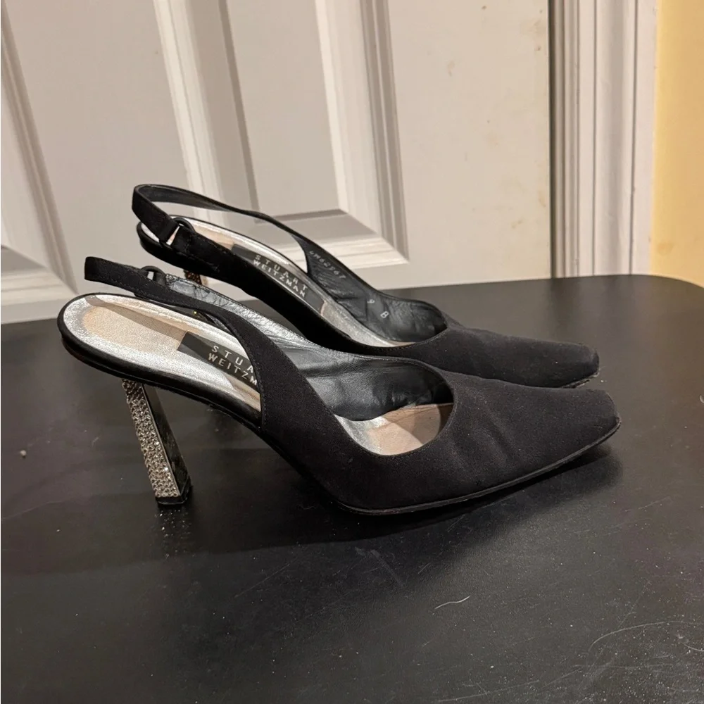 Stuart Weitzman Black satin and Silver rhinestone Embellished Heels size 9 b